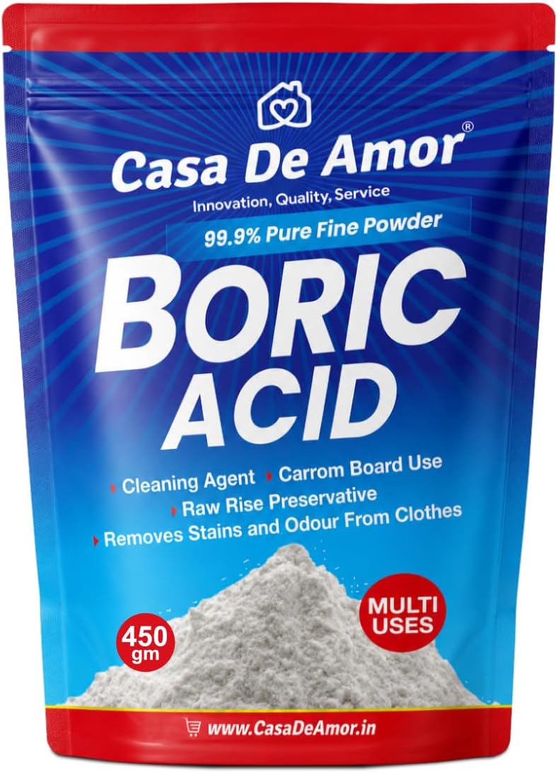 Casa De Amor Multi-Purpose Boric Acid 99.9% Pure Fine Powder- Highly Effective for Carrom Board, Rice Preservative, Multi-Purpose, Anhydrous (450 gms)