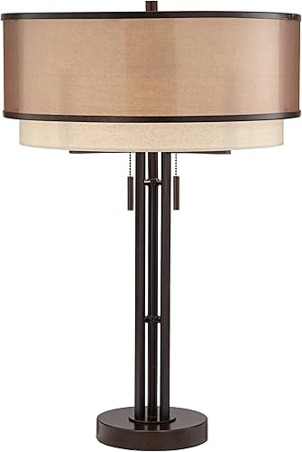 Miniatura 7 de Franklin Iron Works Andes - Lámpara de mesa industrial moderna de 27 12 pulgadas de alto, bronce aceitado, marrón, metal, apilada, doble tela,