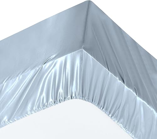 Miniatura 6 de Ersmak Juego de sábanas de satén de 7 piezas tamaño King, juego de sábanas de satén azul claro sedosas de lujo con 1 sábana bajera de bolsillo