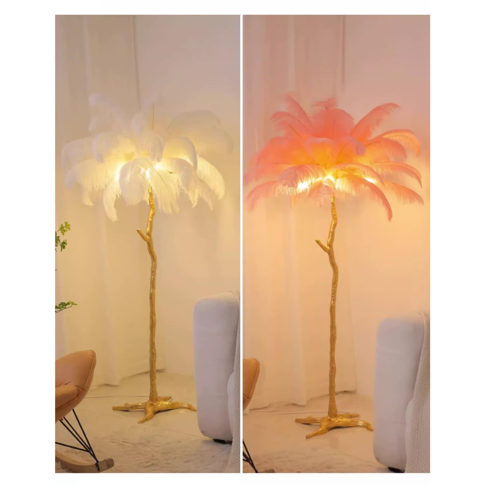 JAYMP Ostrich Feather Floor Lamp for Living Room Sofa Bedside Standing Reading Lamp Elegant Romantic Beautiful (Height 66.9 inches/ 35 Feathers, Pink)