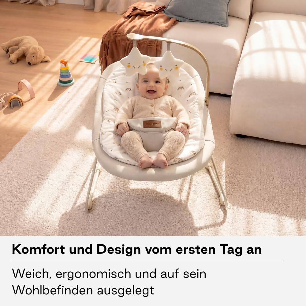 Jané Light, Babywippe ab Geburt, Ultraleichte Babywippe mit natürlicher Wippbewegung, Spielbogen und Neugeboreneneinsatz, Abnehmbarer und Waschbarer Bezug, Beige