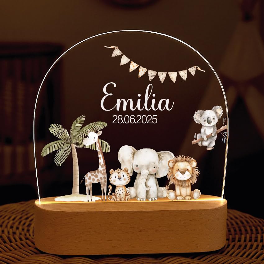 Lovju Personalisiertes Nachtlicht für Kinder & Baby mit Name - Dimmbare Nachtlampe personalisiertes Geschenk zur Geburt Taufe & Geburtstag für Mädchen Jungen Baby Babygeschenk (Safari)
