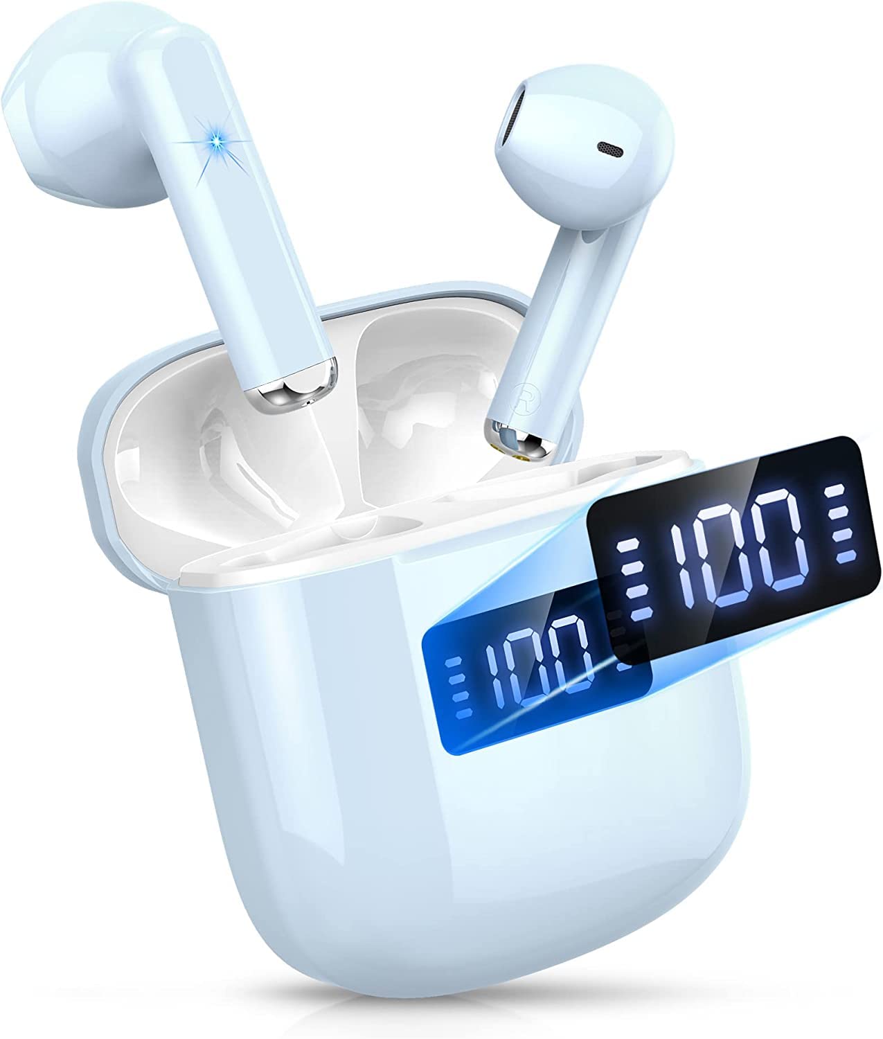 Cuffie Bluetooth 5.3 Auricolari Bluetooth con 4 HD Mic,Display LED,Bassi Potenziati Wireless Cuffie In Ear Cancellazione Rumore Cuffie Senza Fili,25 Ore Cuffiette Bluetooth Sport IP7 Impermeabili,Blue