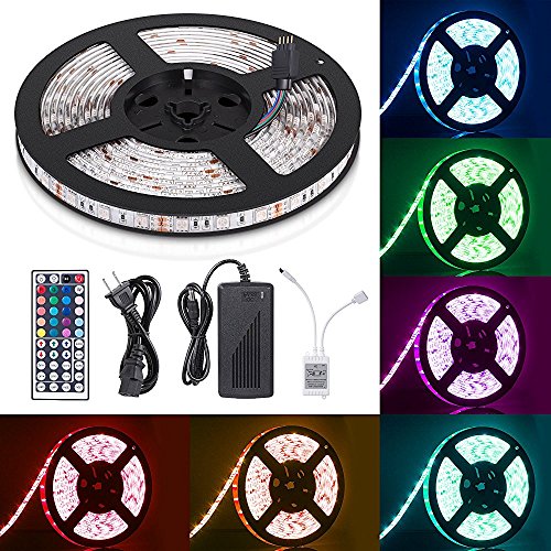LED Flexible Strip Lights, 300 Units SMD 5050 LEDs, 12V DC Waterproof Light Strips, RGB LED Light Strip Kit with 44Key Remote Controller and Power Supply for Kitchen Bedroom Car Party