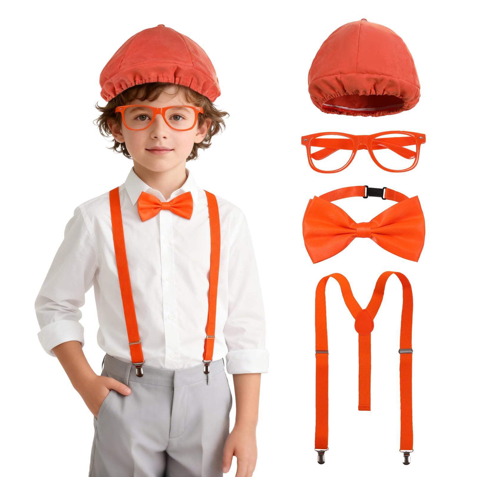 Lyxaof 4Pcs Kids Costume Roleplay Accessories with Orange Beret Bow Tie Glasses Suspenders Halloween Carnival Daily Dress Up Outfit for Boys Girls