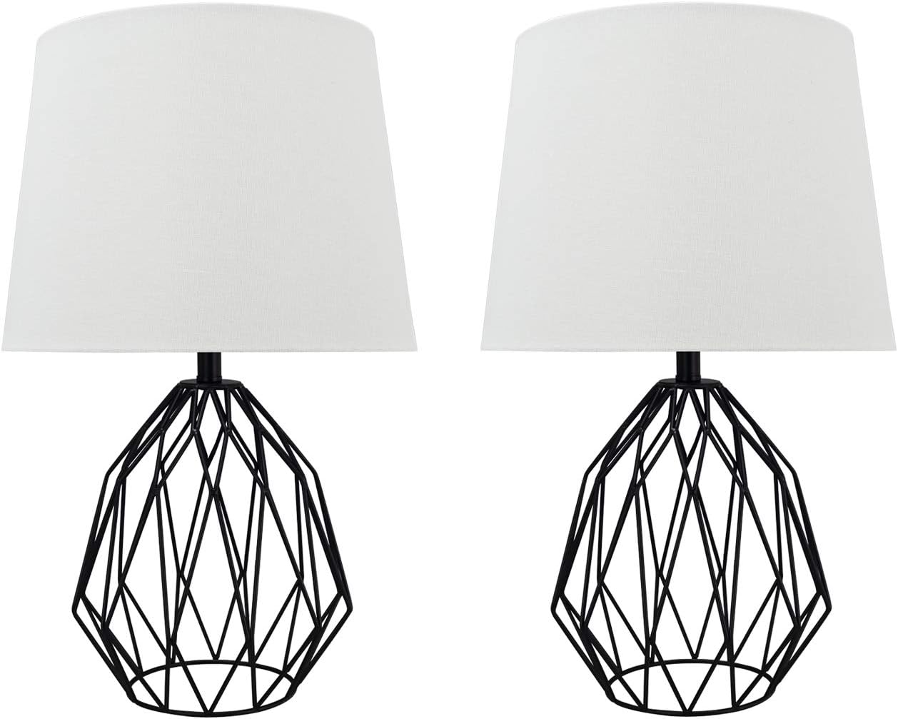 22" Matte Black Metal Wire Table Lamp Set with Cream Drum Shade