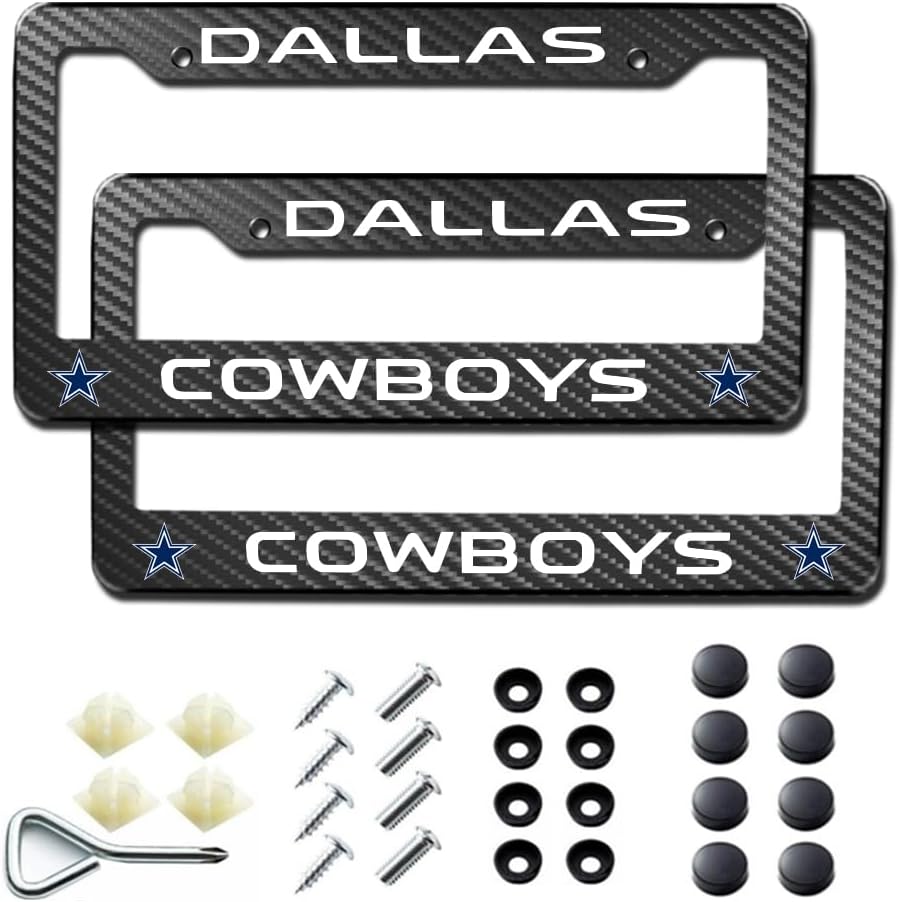 2Pack Carbon Fiber License Plate Frames for Cowboys, Black Aluminum Front & Rear Car Tag Holder Cover, Heavy Duty License Plate Bracket Car Accessories