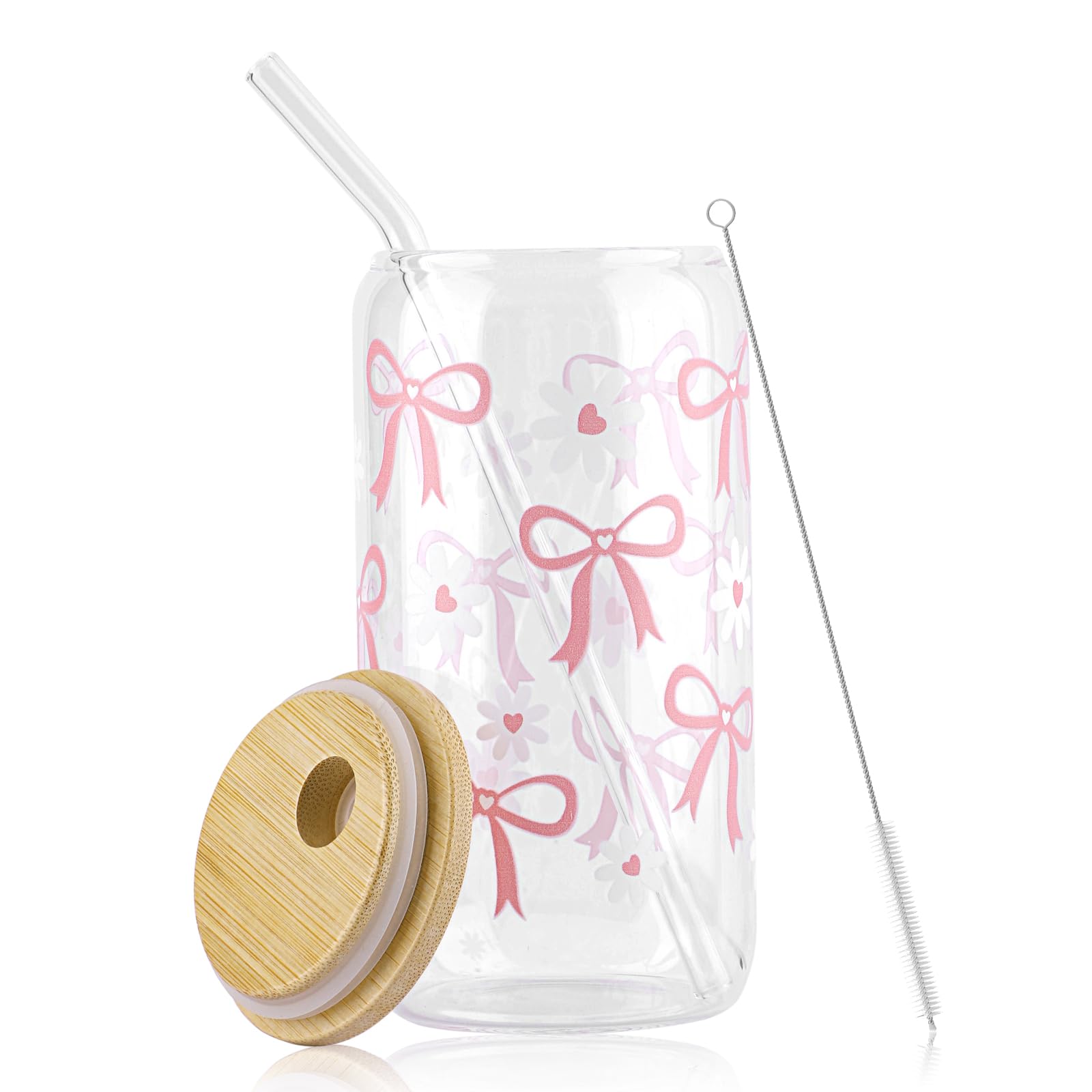 Bow Glass Cup Set, 500ml Can Shaped Glasses with Airtight Bamboo Lids Iced Coffee Cup Set Elegant Bubble Tea Cups Elegant Transparent Cute Coffee Cups Aesthetic Gifts for Women Girls Friends (pink)