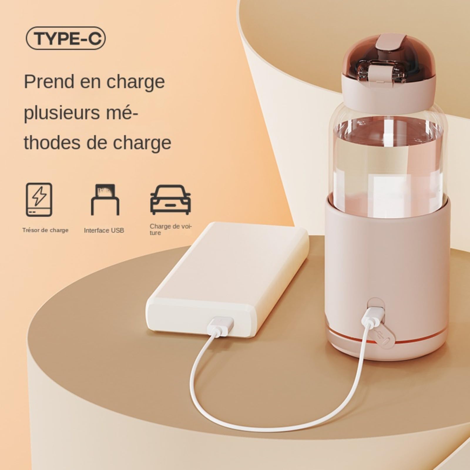 Chauffe-Eau portatif,Chauffe-Eau Portable pour Formule bébé Capacité de 300/400 ML,Chauffe biberon Nomade sans Fil,Facile à Transporter et adapté aux Voyages, Fonction de Charge USB