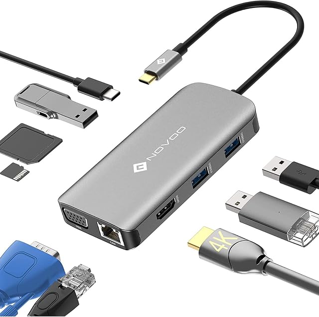 NOVOO USB C 9 w 1 Adapter, Stacja dokująca z dwoma wyświetlaczami (4K HDMI i VGA) Koncentrator USB C z Ethernetem 1 Gb/s, 3 x USB 3.0, czytnik kart SD/Micro SD, złącze zasilania typu C 100W PD