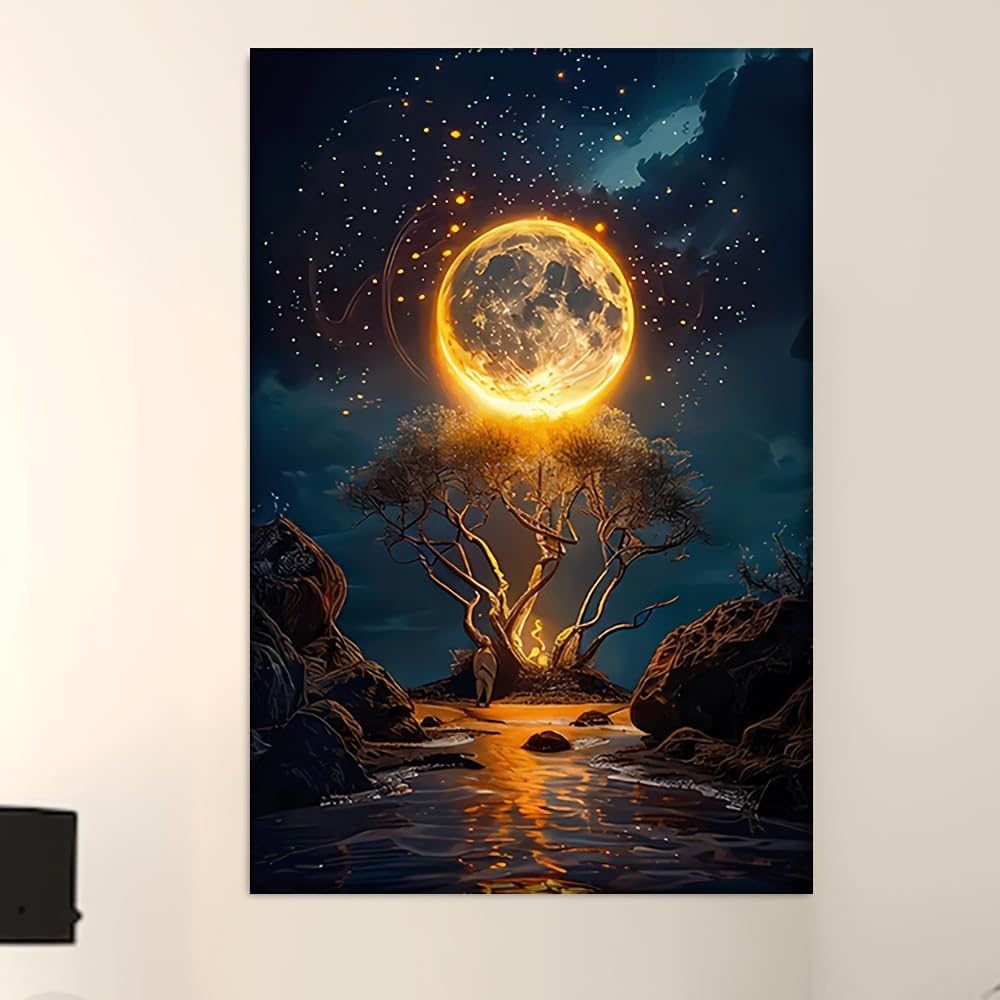 EGJEPWFH Full Moon & Tree Silhouette, Night Sky with Stars & Glowing Orb, Abstract Landscape Mystical Night Scene Artistic Poster(30x40cm/No frame)