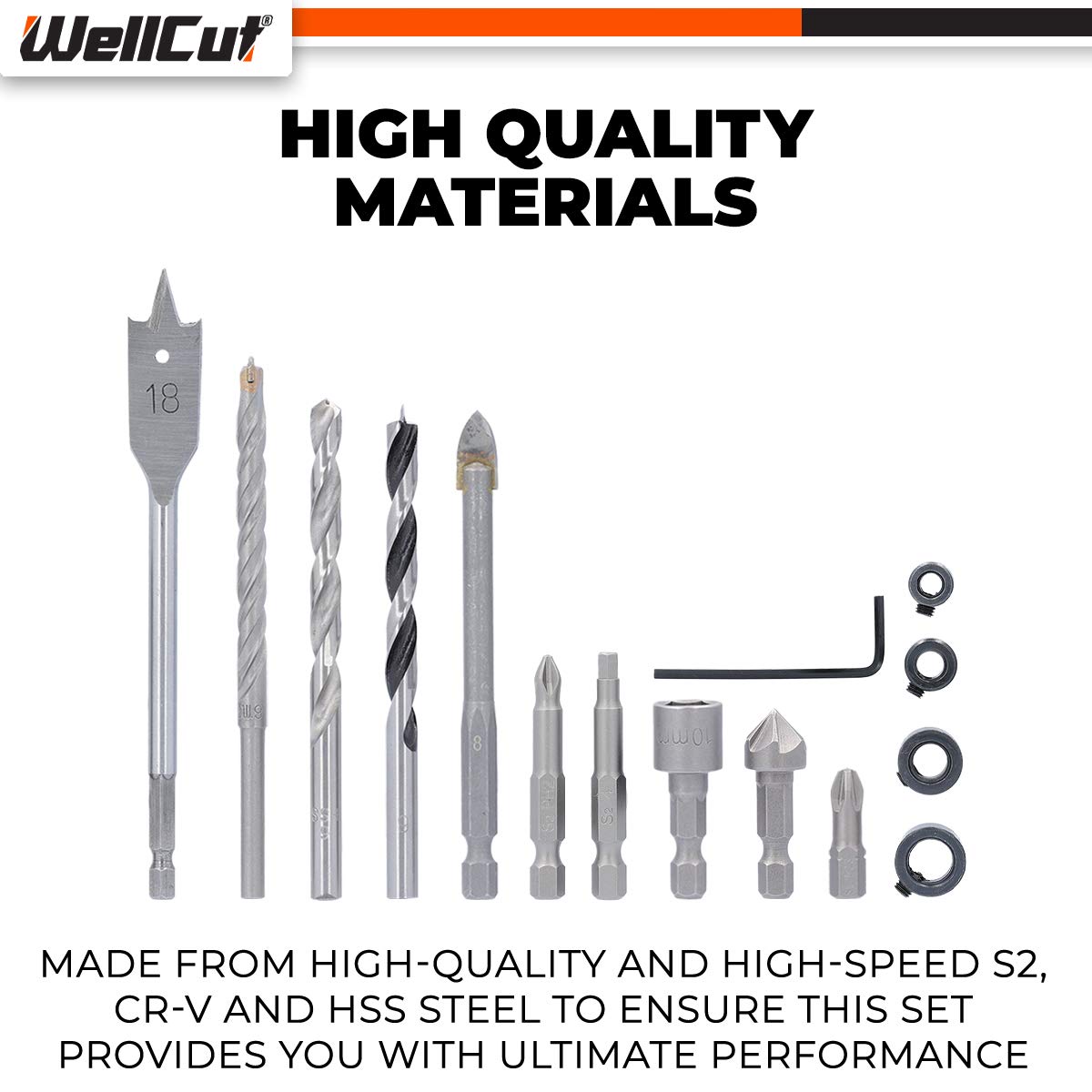 Wellcut - Set di 62 punte per trapano e cacciavite in acciaio HSS, con supporto magnetico