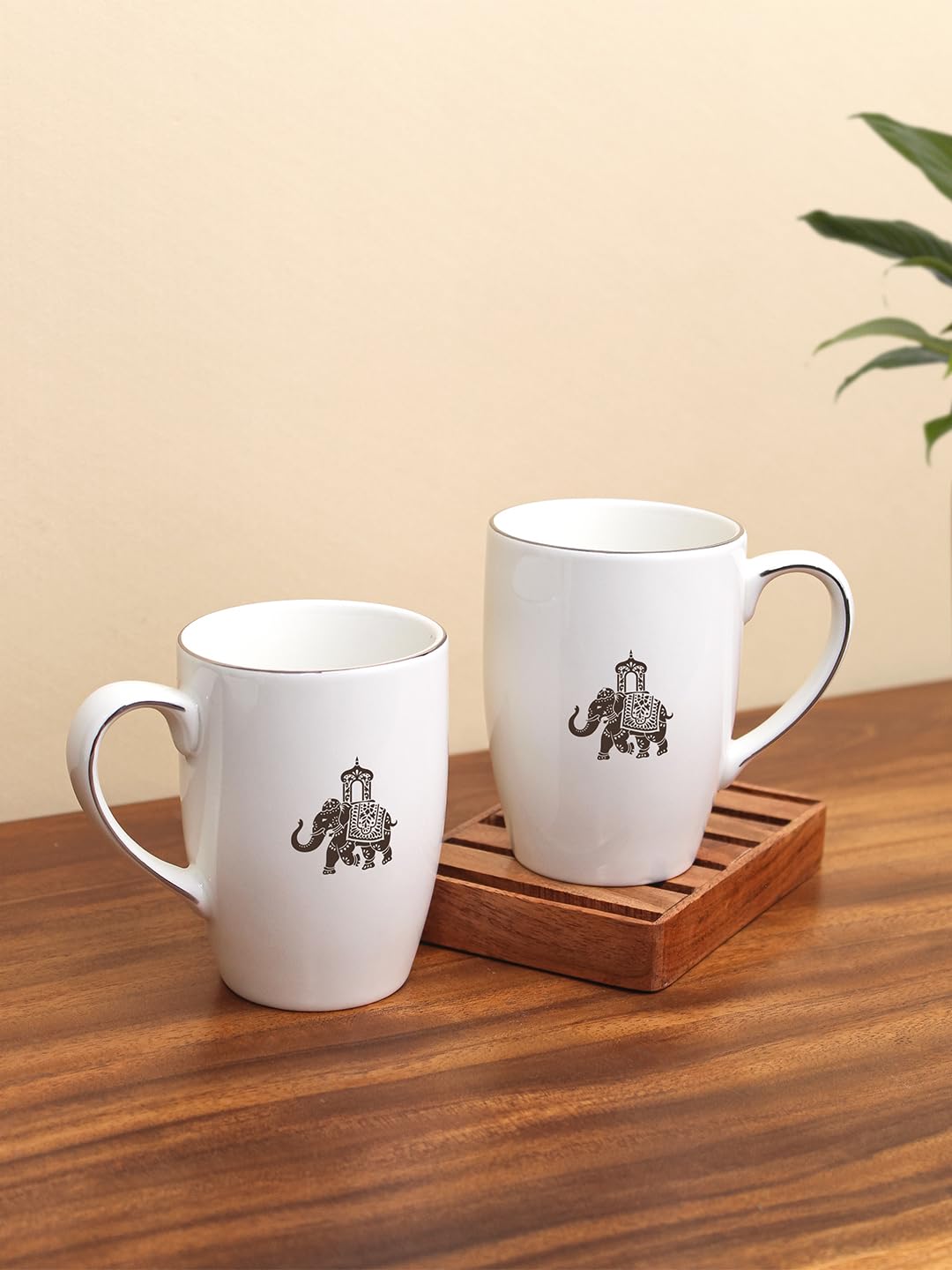 Gaj Series (230ml) Set of 2 Porcelain Coffee Mugs with Platinum Rim and Elephant Motif Home & Office Use Kitchen & Dining Luxury Tableware Ideal for Gifting