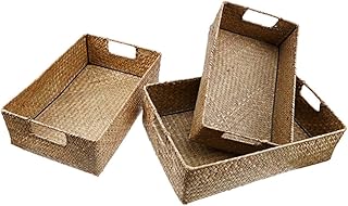 Outanaya Rectangular Sundries Organizer Trashcan with Lid Bathroom Baskets for Organizing Tabletop Shelf Shelves Bread Baskets Seagrass Baskets Seagrass Woven Seaweed Hyacinth Office