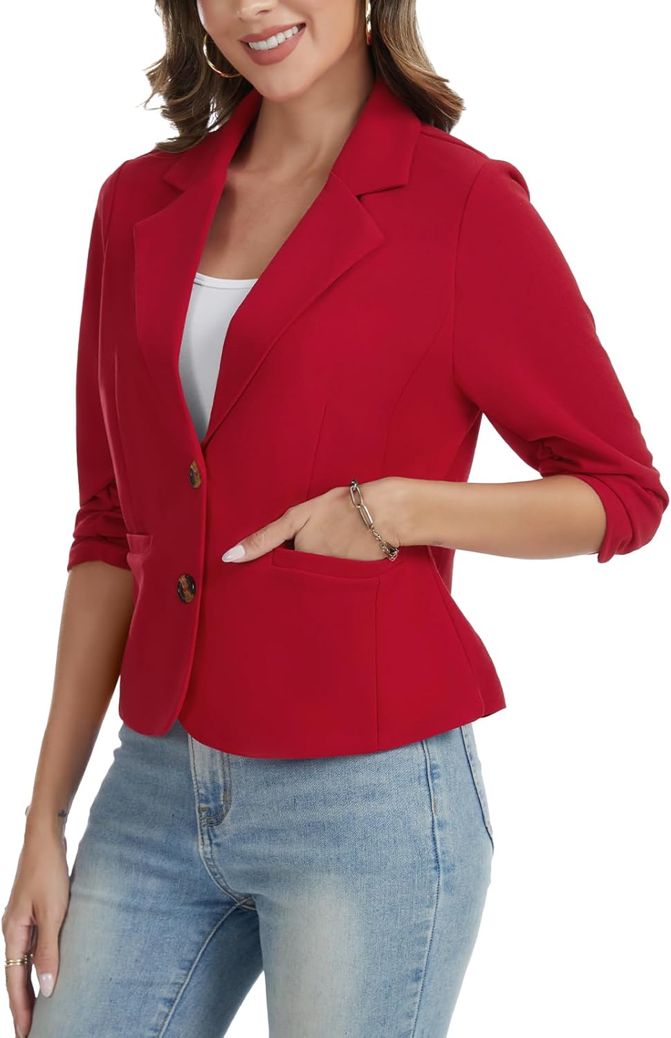 Womens Slim Fit Blazers Casual Jackets 3/4 Ruched Sleeve Notch Lapel Cropped Blazer Business Office Suit Jacket