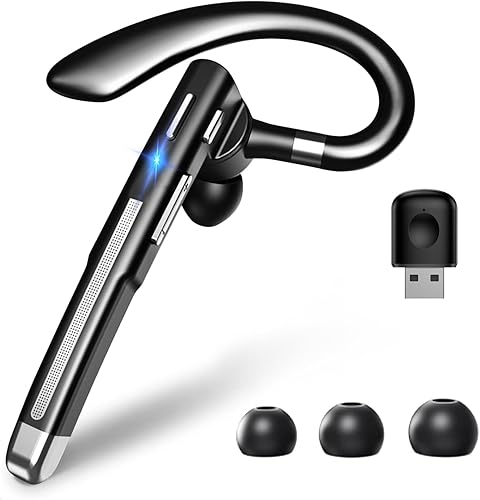 Boytond Bluetooth Earpiece V6.1,Single-Ear Bluetooth Headset with USB Dongle,10H Talk Time and 4H Playtime via USB,Wireless Handsfree Headset with Mic for Android,iOS,Laptop,Office,Truck Driver