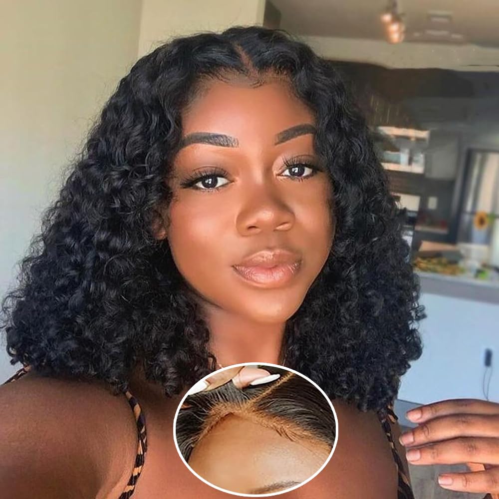 Peluca Bob Lace 4x4 Glueless Deep Curly Lace Bob Wigs Wear and Go Brazilian Pelucas Cortas para Mujer Pre Cut Human Hair Wig Pelucas de Cabello Humano Pre Plucked 10 Pulgada Natural Black
