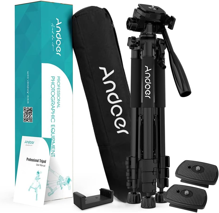 Andoer TTT-663N 57.5inch Travel Lightweight Camera Tripod Stand Phone Tripod for DSLR SLR Camcorder Photography Video Shooting with Carry Bag Phone Clamp 2pcs Extra Quick Release Plates Max. Load 3kg