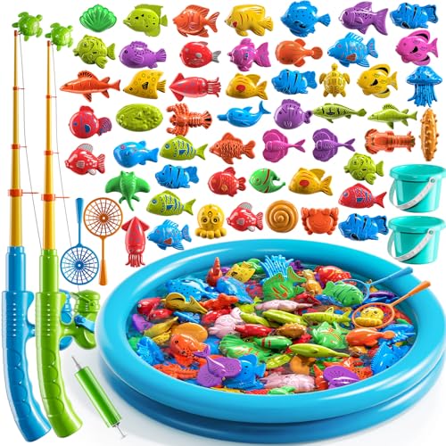 JUKUDAHU Magnet Fishing Toys Game for Kids 3-5 - Floating Fish Toys with Inflatable Kiddie Pool, Bath for Toddlers, Pole Rod Net, Outdoor Party for...