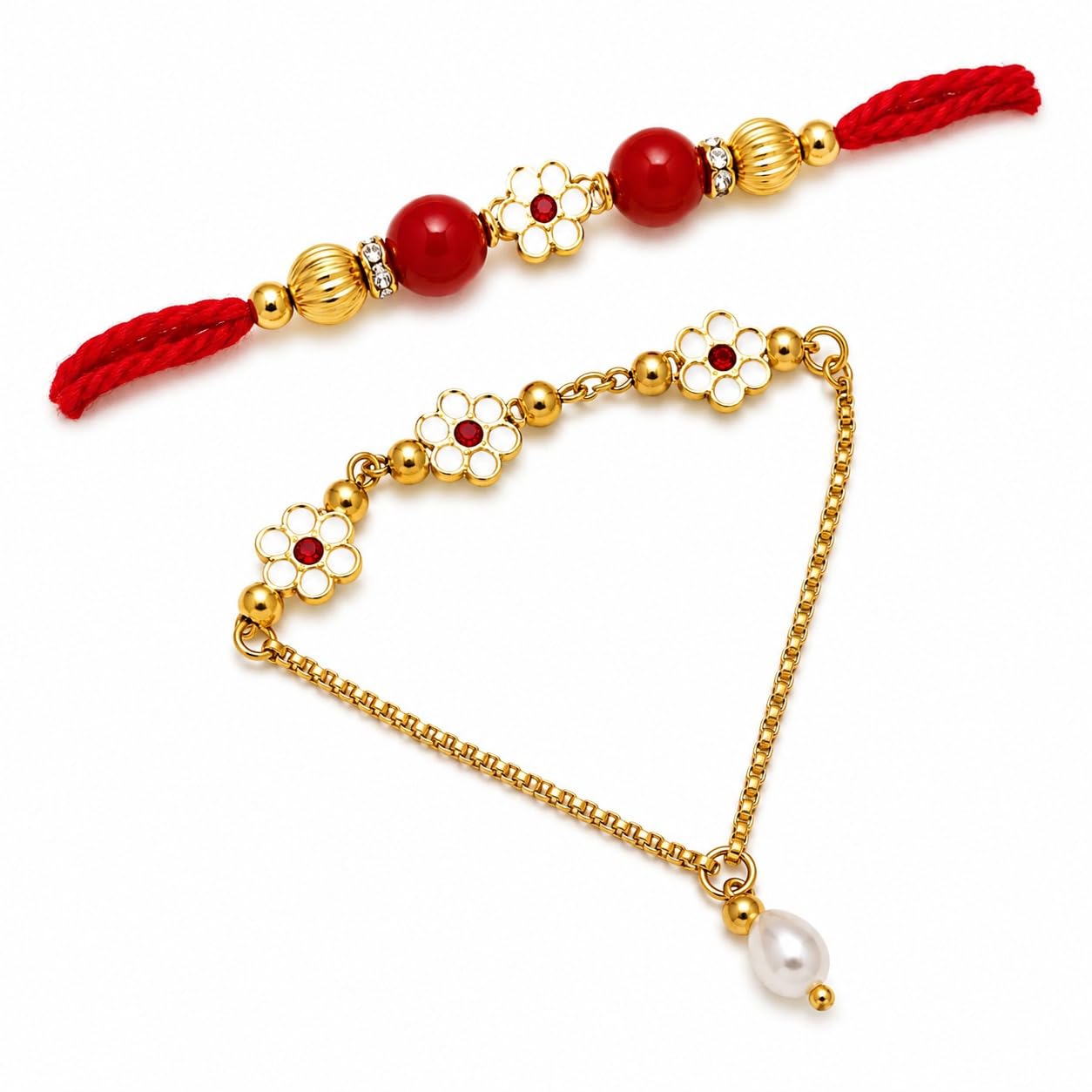 Red Floral Bhai Bhabhi Rakhi Set-image-24