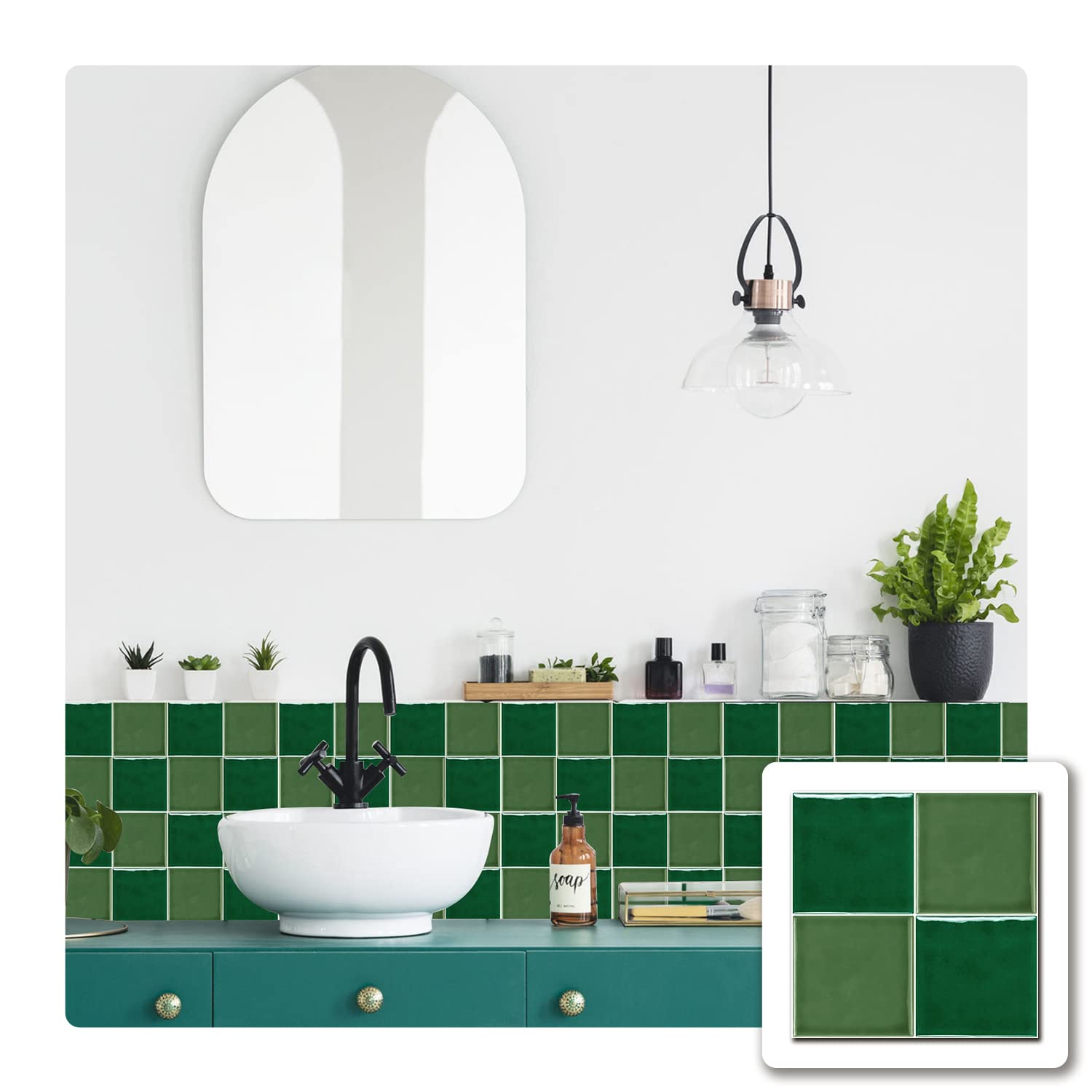 Alwayspon 25PcsX15cm/6inch Green Mosaic Effect Thick Tile Sticker, Vinyl Peel and Stick Self-Adhesive Splashback Waterproof Stick on Tile Transfer Sticker for Kitchen Bathroom Wall