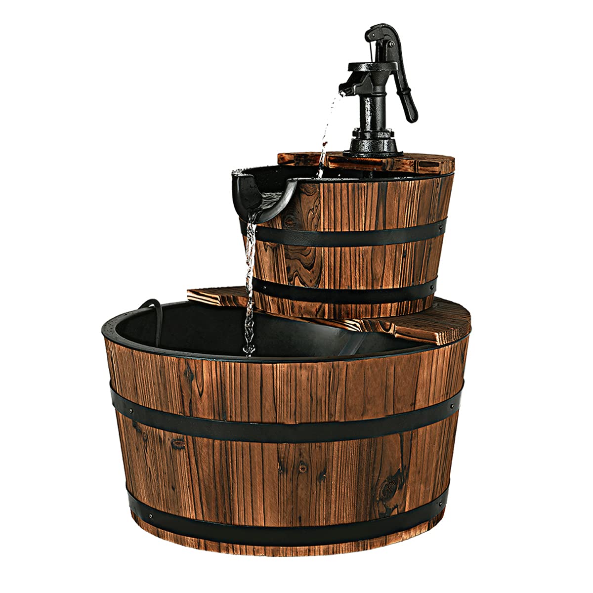 RELAX4LIFE Fuente de jardín de Madera de Abeto, Fuente Ø44,5cm con Bomba de Agua, Fuente de 2 Pisos con caudal de Agua Regulable, Circuito de Agua Cerrado, 19L, Fuente Decorativa para jardín