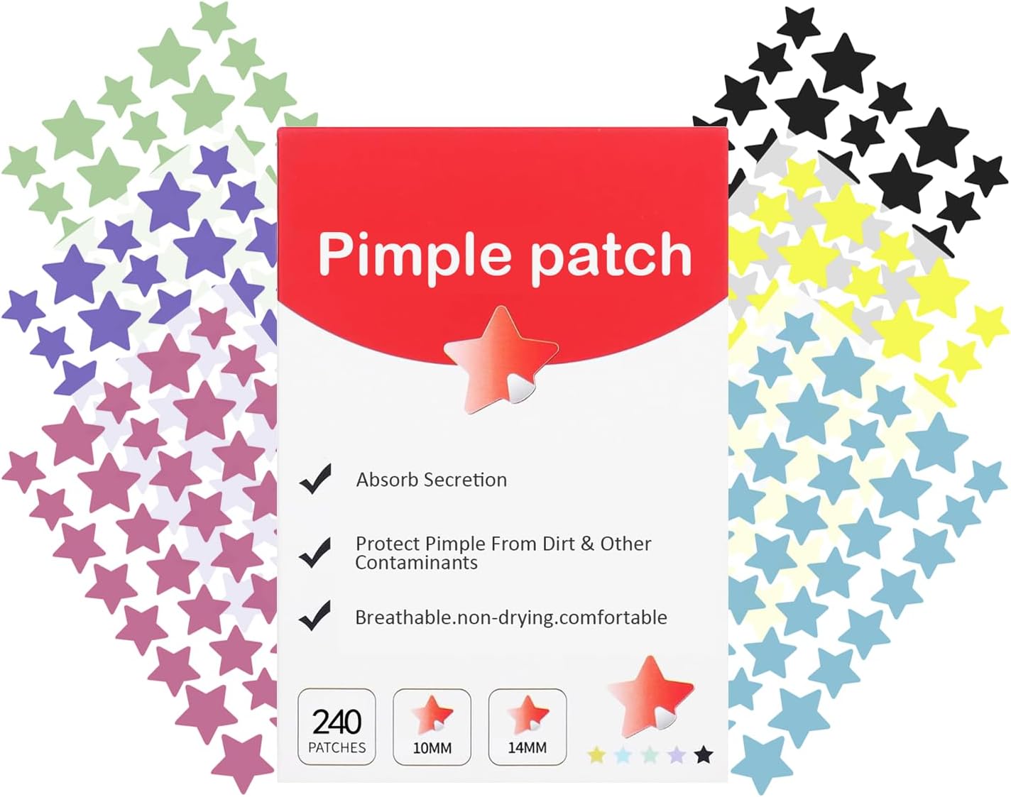 Waspot Pimple Patches for Face, Cute Star Zit Covers, Stars Hydrocolloid, For Sensitive Skin, with Tea Tree, Salicylic Acid & Cica Oil (10&12&14mm) 240 Count