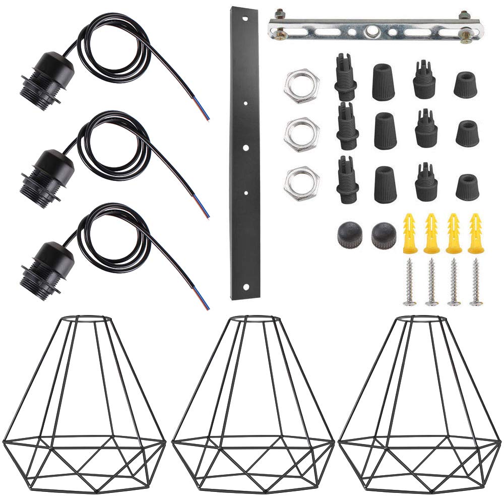 iDEGU 3 Luci Lampadario a Sospensione Industriale Vintage Lampada a Sospensione 20cm Metallo Gabbia Paralume Illuminazione E27 Lampadario da Soffitto per Soggiorno Cucina Sala da Pranzo (Nero, Barra)