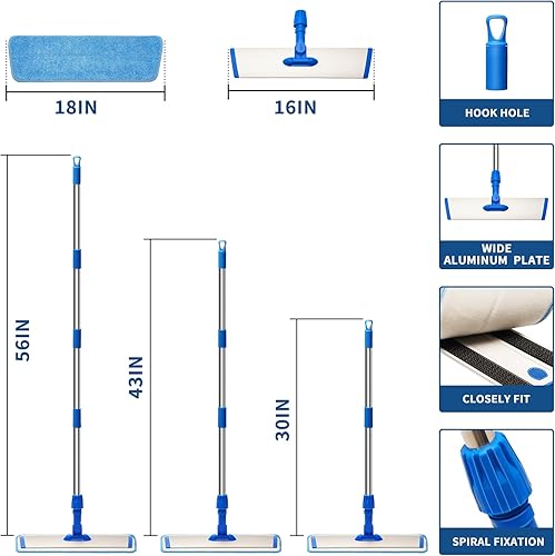 Miniatura 3 de Trapeador profesional de microfibra de 18 pulgadas, trapeador plano con mango de acero inoxidable, cabezal giratorio de 360 con 2 almohadillas