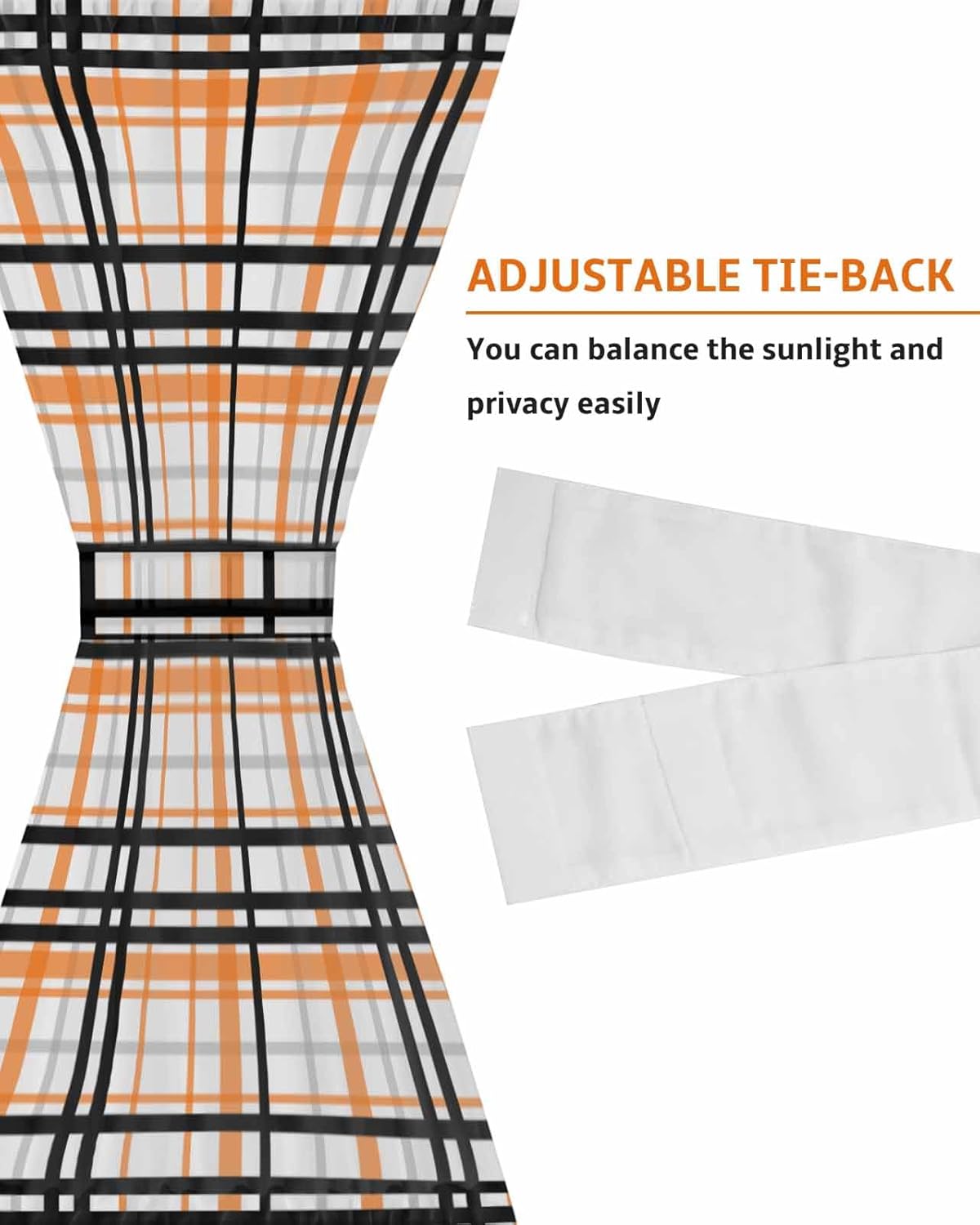French Door Curtain Sheer 72 In Long, Orange Black Plaid Adjustable Door Curtain for Privacy With Tieback, Farmhouse Orange Black Checkered Rod Pocket Light Filtering Door Window Curtains 25" x 72"