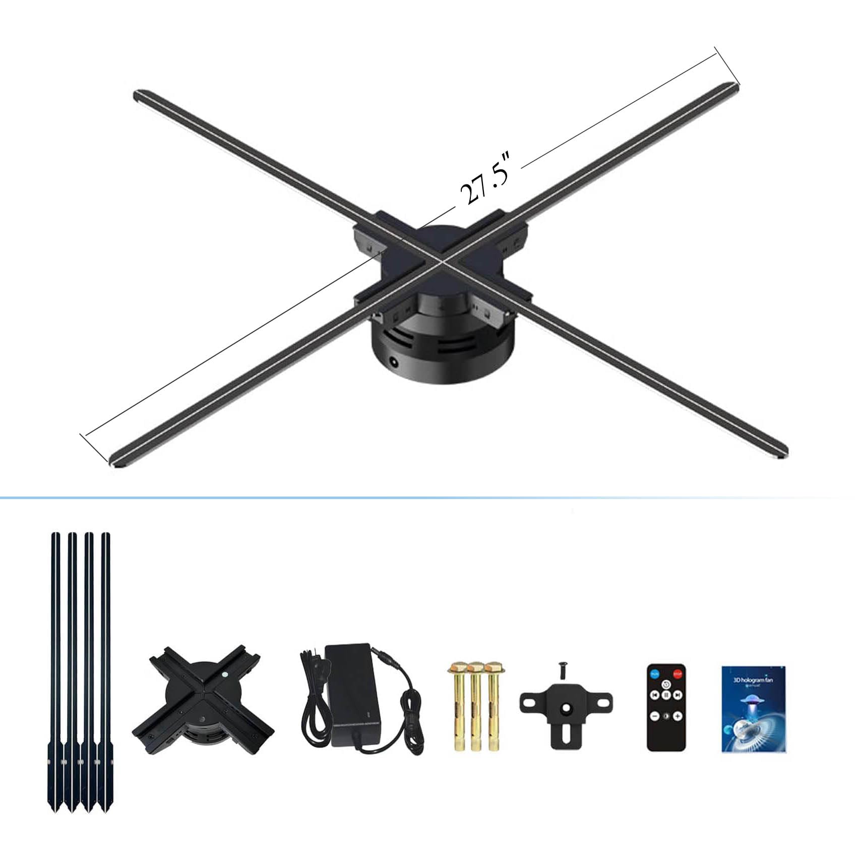 3D-hologram Lüfter, 70,5 cm (27,5 Zoll) 3D-hologram LED-Projektor, 2000 x 1444 px Auflösung, 832 LED-Perlen, holografischer Ventilator, Werbeunterstützung, App, Fernbedienung, Bluetooth-Audio
