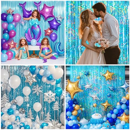 Image of 4 Packs Blue Foil Fringe Curtain, Light Blue Glitter Metallic Tinsel Backdrop for Birthday, Wedding, Baby Shower, Bachelorette, Ocean, Princess Party Decorations Supplies