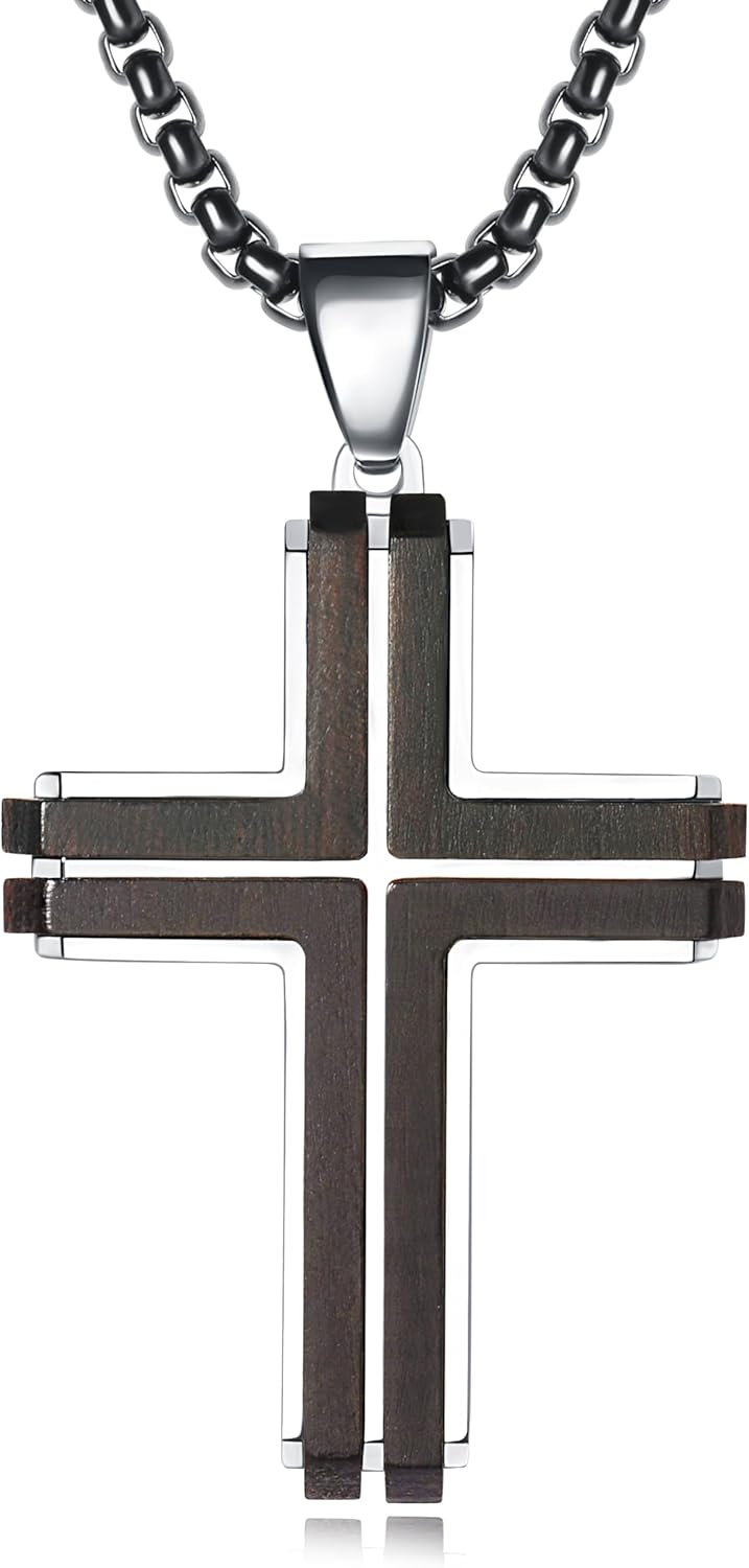 Wooden Cross Necklace for Men, Natural Ebony Mens Cross Necklaces Black Stainless Steel Christian Wood Crucifix Pendant，with Necklace 24" Box Chain