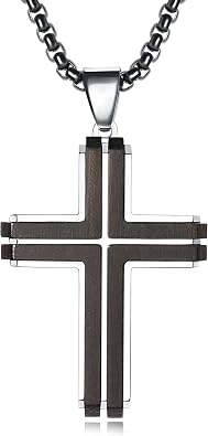 Wooden Cross Necklace for Men, Natural Ebony Mens Cross Necklaces Black Stainless Steel Christian Wood Crucifix Pendant,with Necklace 24" Box Chain