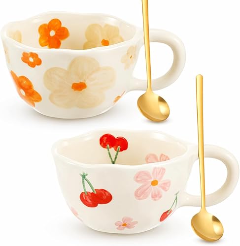 Miniatura 14 de Vesici 2 piezas tazas de café de cerámica con cuchara, tazas florales vintage con asa, 8.5 onzas, taza de té de porcelana estética, regalo para San