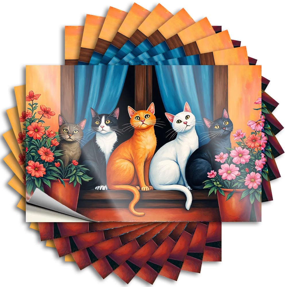 Decals Fun Easy Apply | Five Cats Sit On A Windowsill with Flowers. Tall Hat Peel and Stick(12X18CM)
