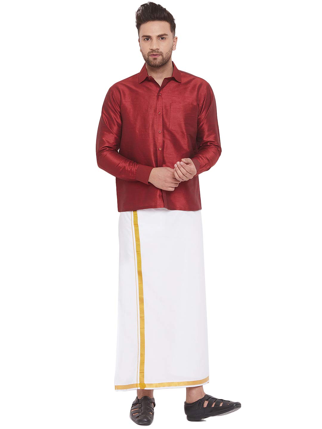 Men's Black Silk Blend Shirt And Mundu-image-33