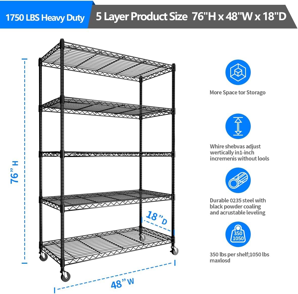 KKN 5-Tier Adjustable Storage Shelving Unit, Heavy Duty Steel Wire Rack with Wheels and Adjustable Feet for Pantry, Garage, Bakers Rack Kitchen Shelving (350 lbs/Shelf)