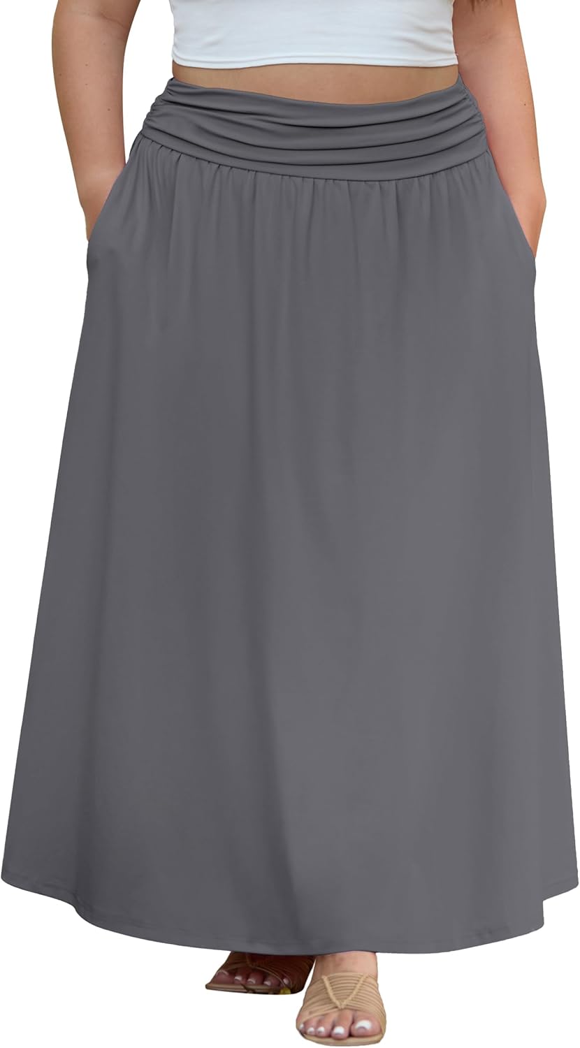 OLRIK Plus Size Maxi Skirt with Pockets 2026 Summer Elastic High Waisted A-Line Flowy Long Skirts - Image 2