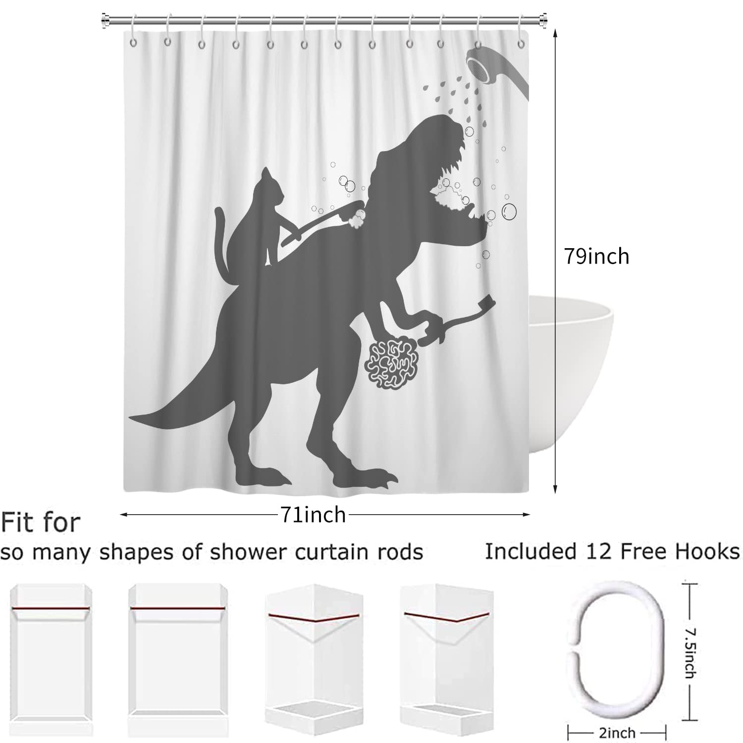 ASDCXZ Douchegordijn, grappig, 180 x 200 cm, eenvoud, grappige kat, dinosaurus, wit, wasbaar, textiel, badkamergordijnen, polyester stof, waterdicht, met 12 douchegordijnhaken