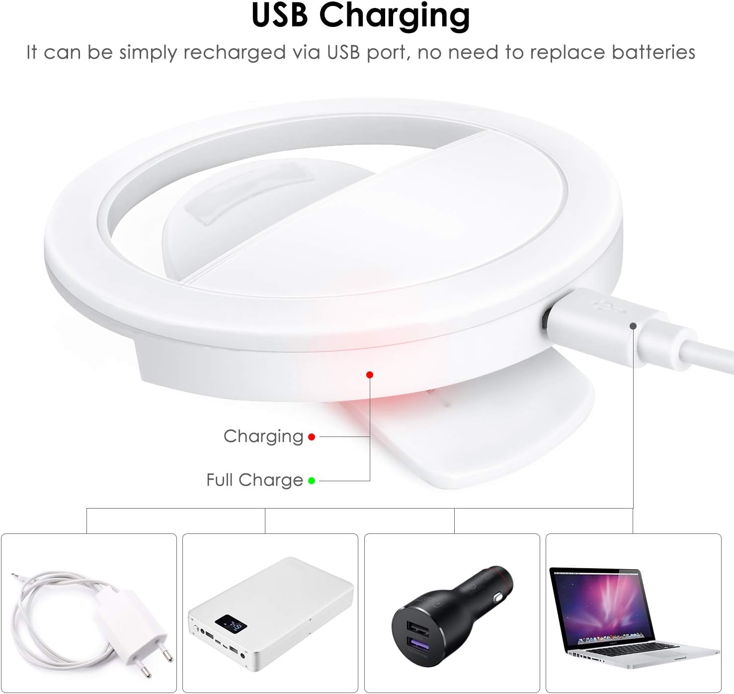 GIM selfie ring light, Clip-on Selfie Fill Ring Light with 64 LED & 4 Light Modes Rechargeable Portable Circle Light for Live Stream/Makeup/YouTube Video/Vlogs, Compatible with iOS Android Phone