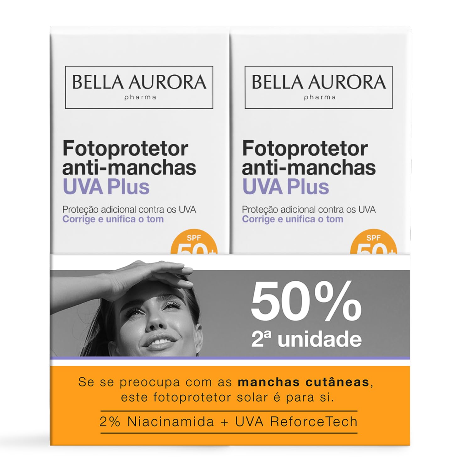 BELLA AURORA - Fotoprotector Antimanchas UVA Plus SPF50+ Pack de 2 x 50 ml, Protección Facial, Protector Solar Antimanchas, Todo Tipo de Piel, Corrige y Unifica Tono, con Radiacare Gold y Niacinamida