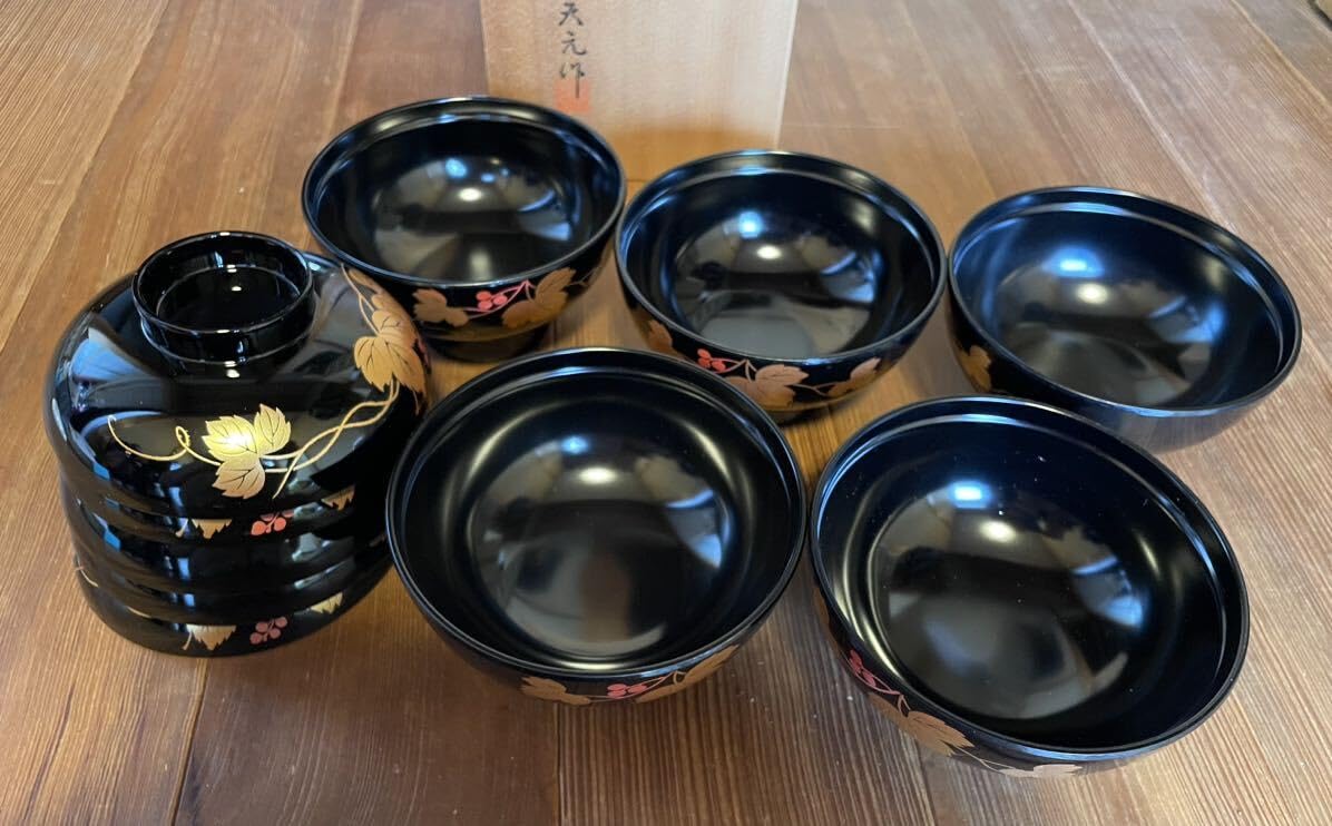Amazon.co.jp: 会津塗り お椀 茶碗 sf1108 蓋付き 吸物椀 会津ぬり 5個