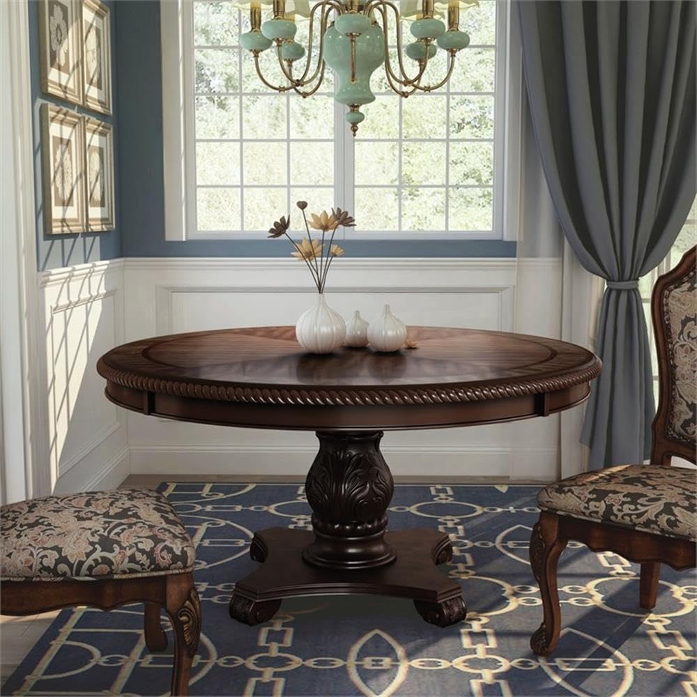 BOWERY HILL Round Wood Pedestal Dining Table, 60 in, Brown Cherry Finish, Solid Wood and Veneer Construction, Hand-Carved Base, Geometric Top Design, Traditional Style for Formal Dining Room