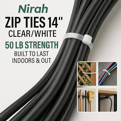 Miniatura 8 de NIRAH Bridas blancas resistentes de 14 pulgadas, 50 libras (bolsa con cremallera resellable, 100 unidades) con autobloqueo, bridas de nailon blanco