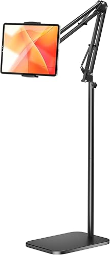 Soporte de piso para tableta con base de metal pesado de 4.5 libras, soporte de ángulo de soporte para teléfono de cama superior, soporte universal