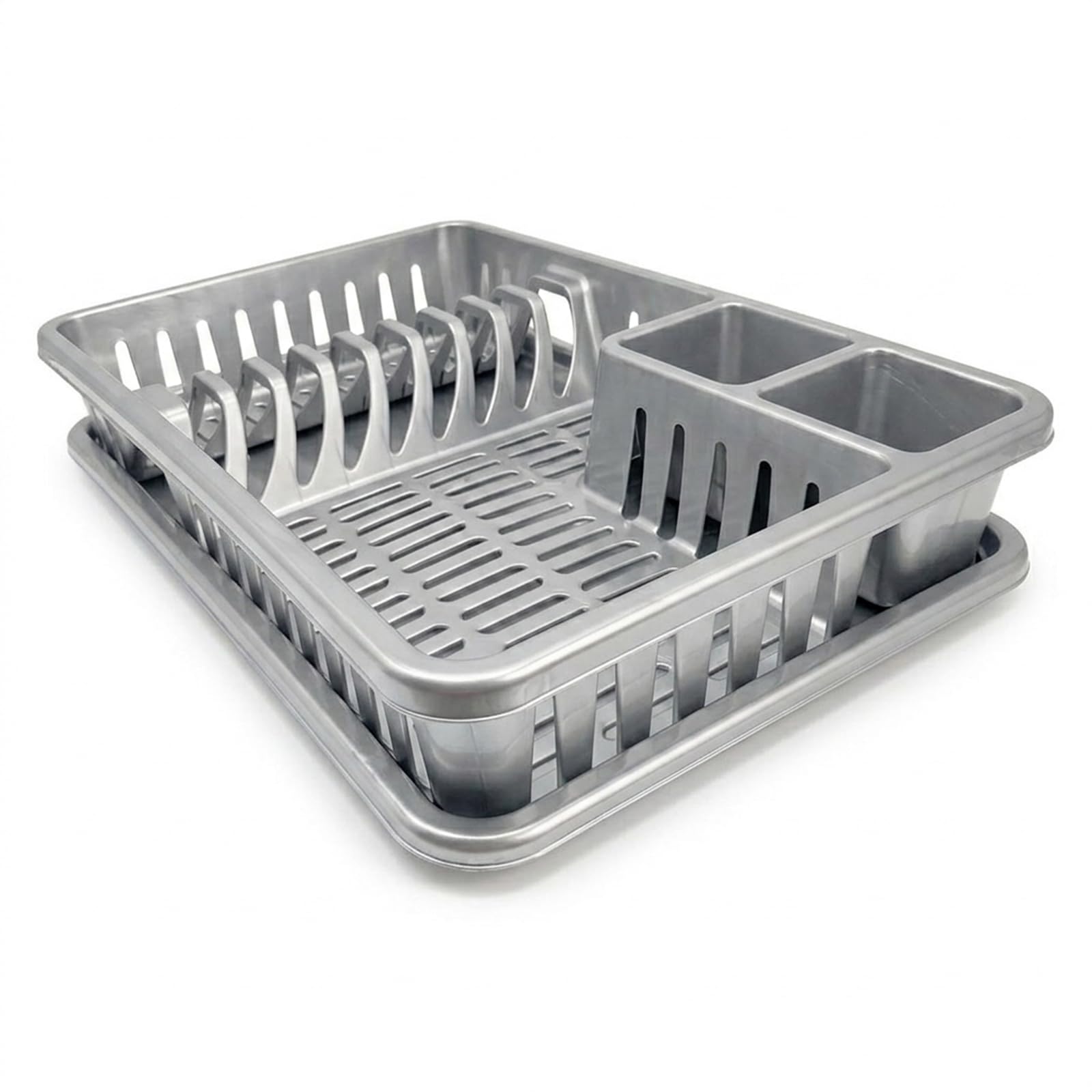 plastific Plastic Dish Drainer Rack with Drip Tray & Cutlery Holder, Kitchen Sink Plate Drying Rack for Cups & Utensils, Countertop Dish Rack (45 x 29.7 x 8 cm, Silver)