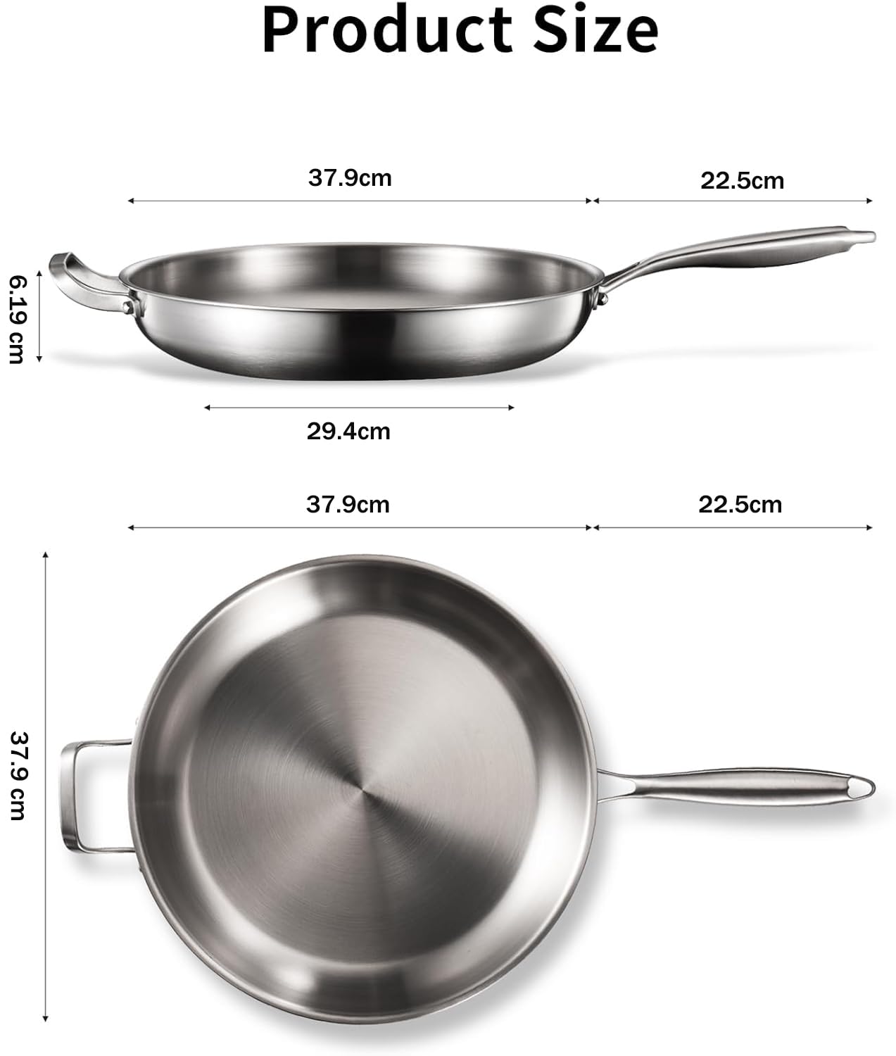 Padella in acciaio inox da 36 cm, con coperchio e manici: padella a 3 strati, adatta al forno fino a 400 °C, riscaldamento rapido e uniforme, grande superficie di cottura, 14,2 pollici in acciaio inox