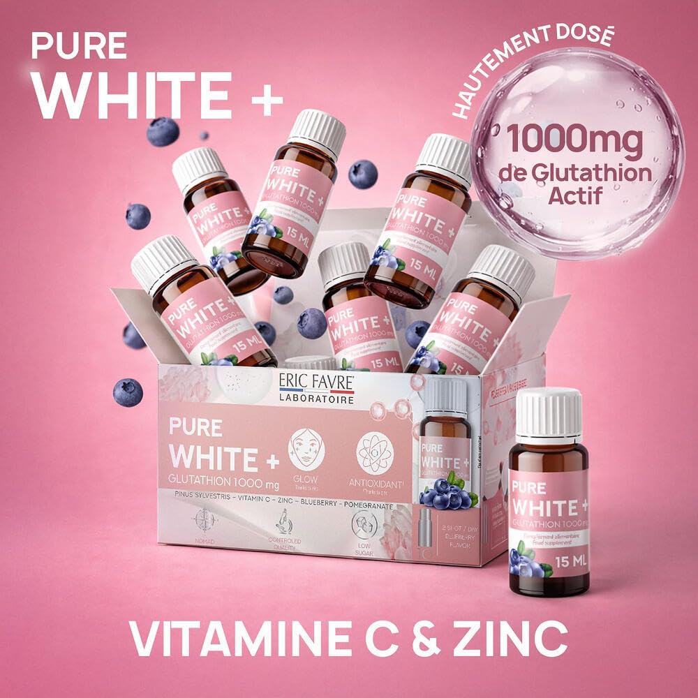 PURE WHITE + GLUTATHION 500mg - Complément Alimentaire Antioxydant Ultra-Concentré - Peau Eclatante, Contre le Stress Oxydatif - Programme 30J - Saveur Myrtille - Faible en Sucres - Eric Favre