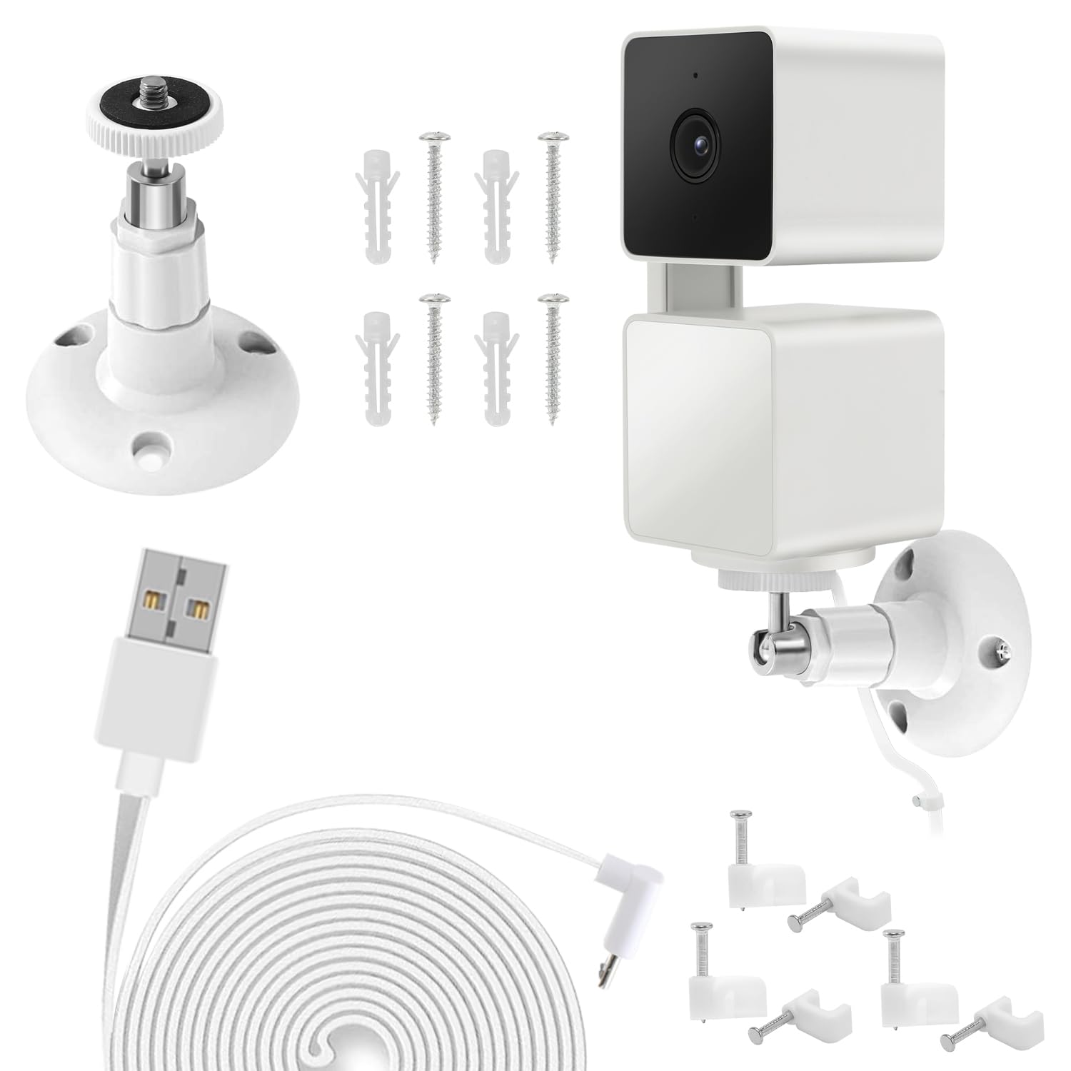 Wall Mount for Wyze Cam Pan V3 with 26FT Charging Cable, Wyze Mounting Kit Including 90 Degree Extension Charging Cable, 360 Degree Adjustable Indoor/Outdoor Ceiling Mount and 20 Wire Clips (White)